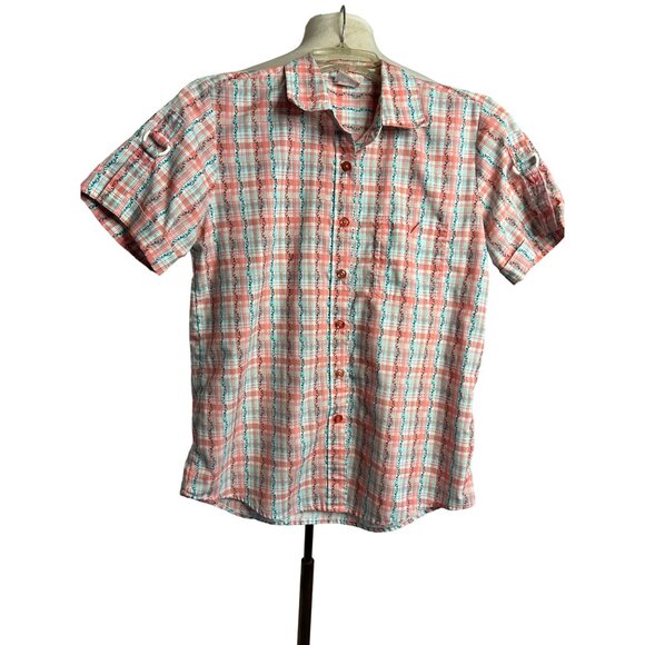 Adrian Delafield blouse medium plaid flowers short sleeve pocket collar - Picture 2 of 11